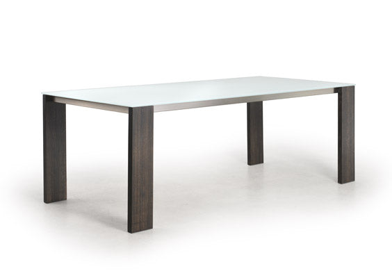 Dining table empire extendable 36'' x 65.5'' (104.5'') neige etched glass top grey solid oak carbon powder coated legs