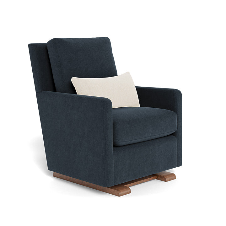 Fauteuil glider como tissu bleu profond coussin sable base noyer